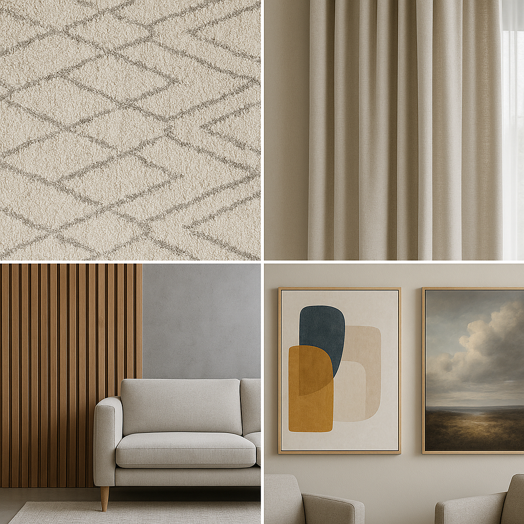 Home acoustic solutions including area rugs, curtains, acoustic panels, and upholstered furniture