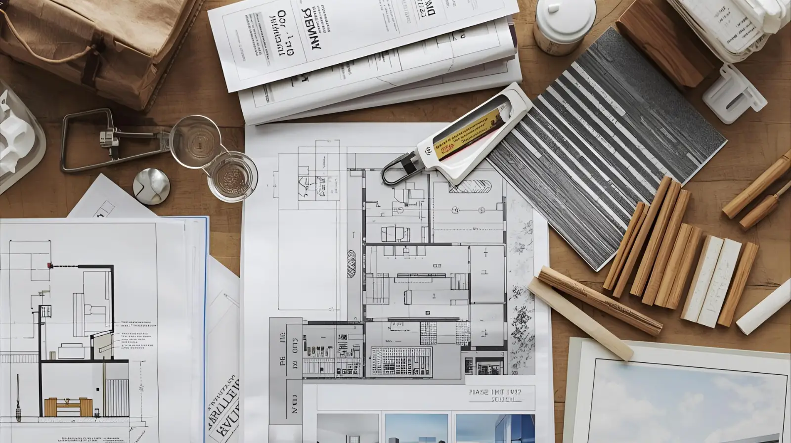 Remodel plans with finish samples and measuring tools used for project planning