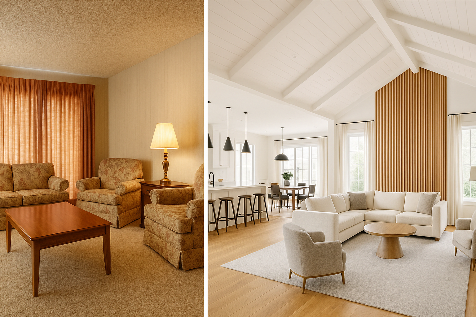 Modern California home interior with balanced acoustics featuring rugs, curtains, and upholstered furniture