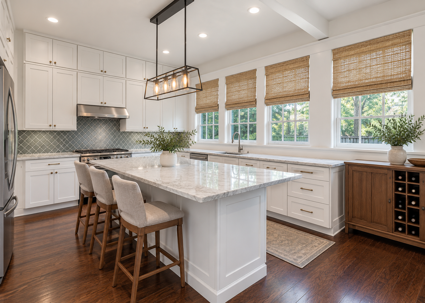 Completed classic white kitchen with marble island, woven shades, wood floors, and built-in wine storage