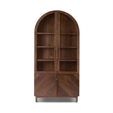 Walnut arched freestanding cabinet used as a furniture reference for fireplace planning