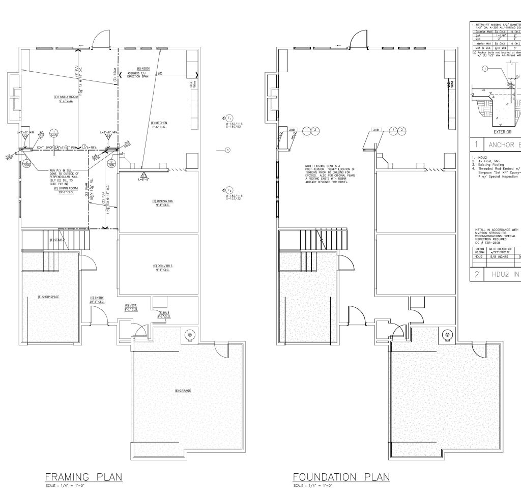 Structural framing and foundation plans coordinating a residential wall removal