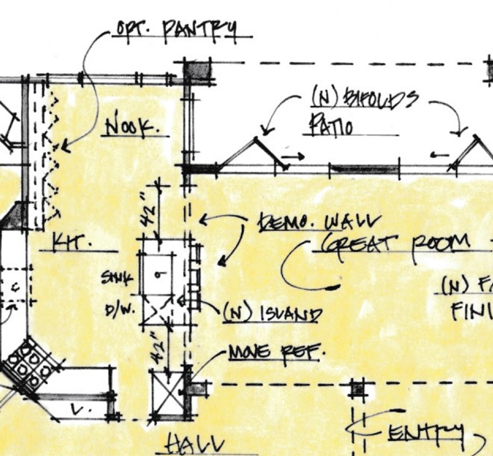Hand-annotated kitchen concept plan showing wall, island, appliance, and circulation decisions