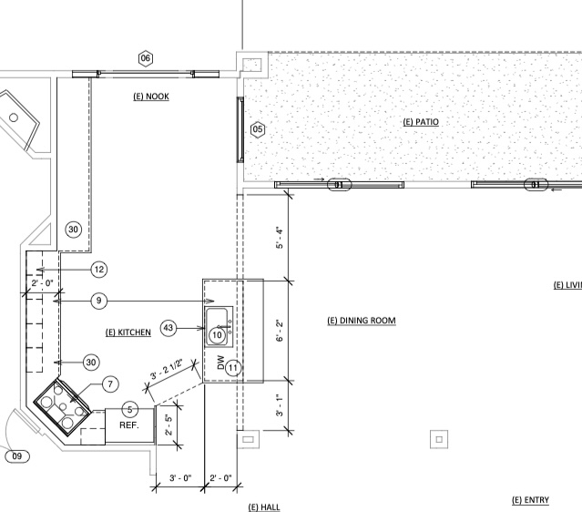 Submitted kitchen remodel floor plan showing existing and proposed work