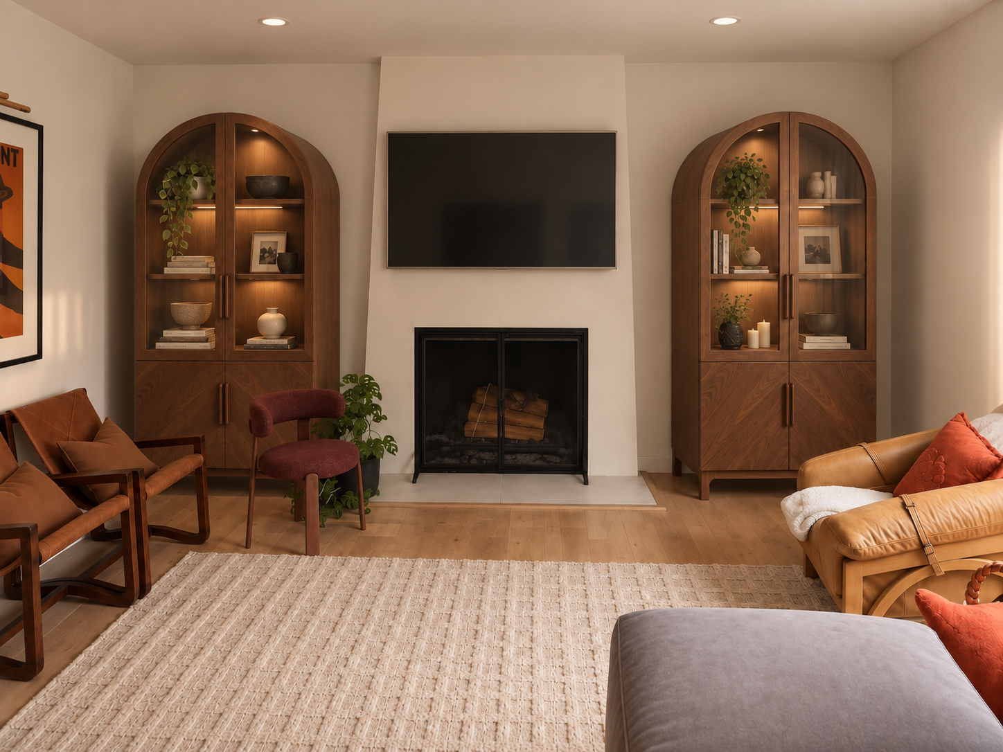 Conceptual visualization of matching arched walnut cabinets beside a living room fireplace