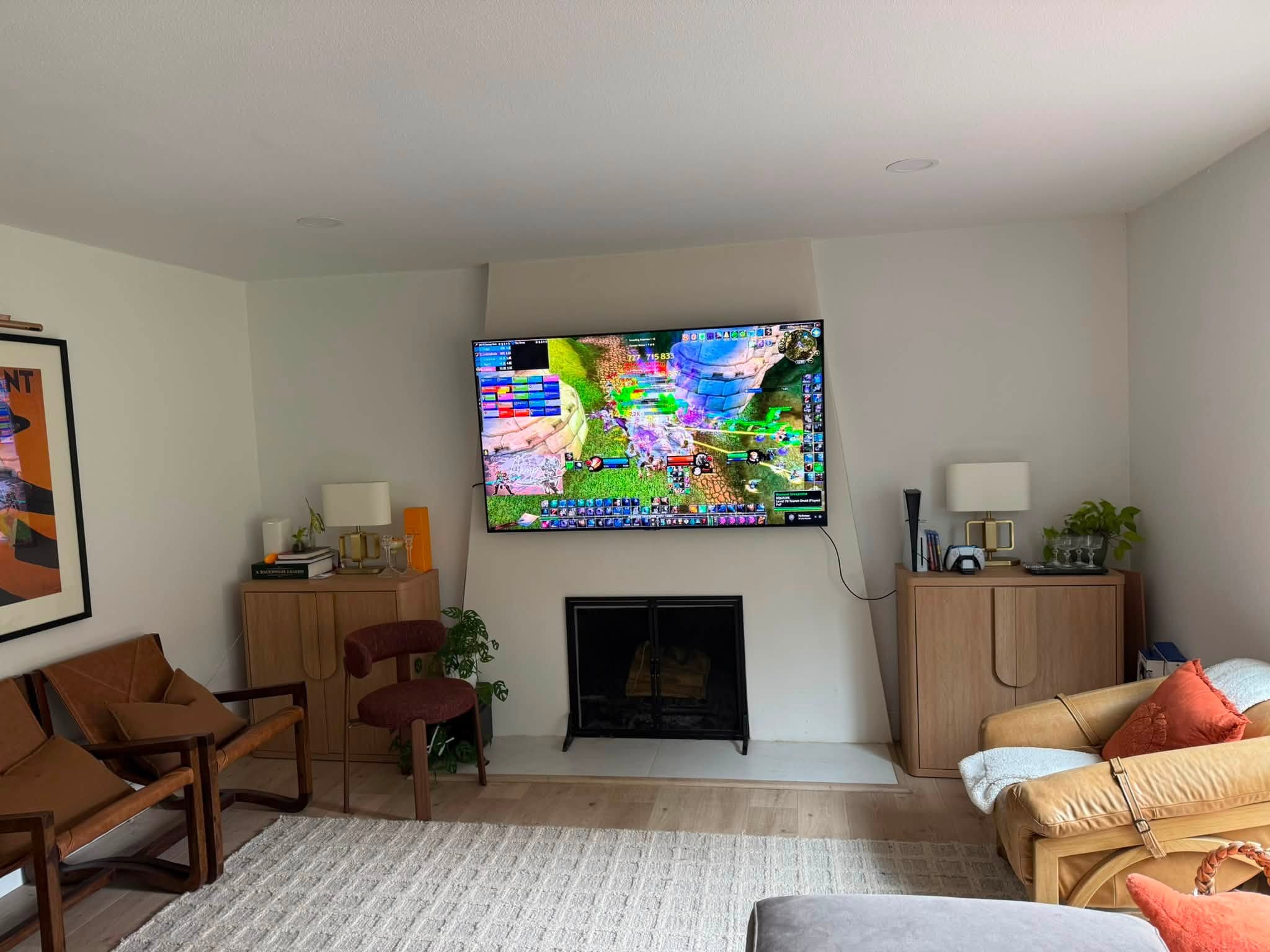 Existing living room fireplace wall before storage and cabinet planning