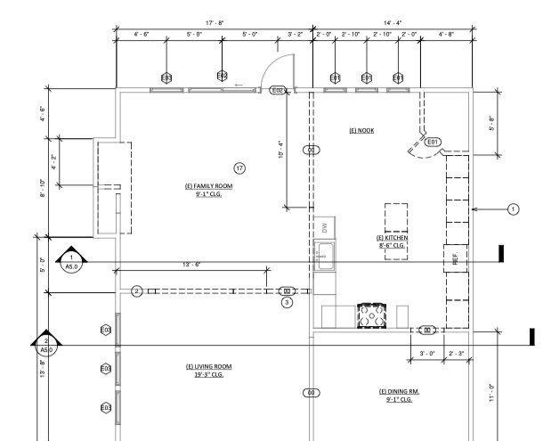 Existing conditions floor plan for a kitchen and adjoining living spaces
