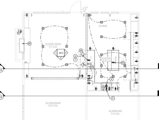 Lighting and electrical plan for an open kitchen and living area